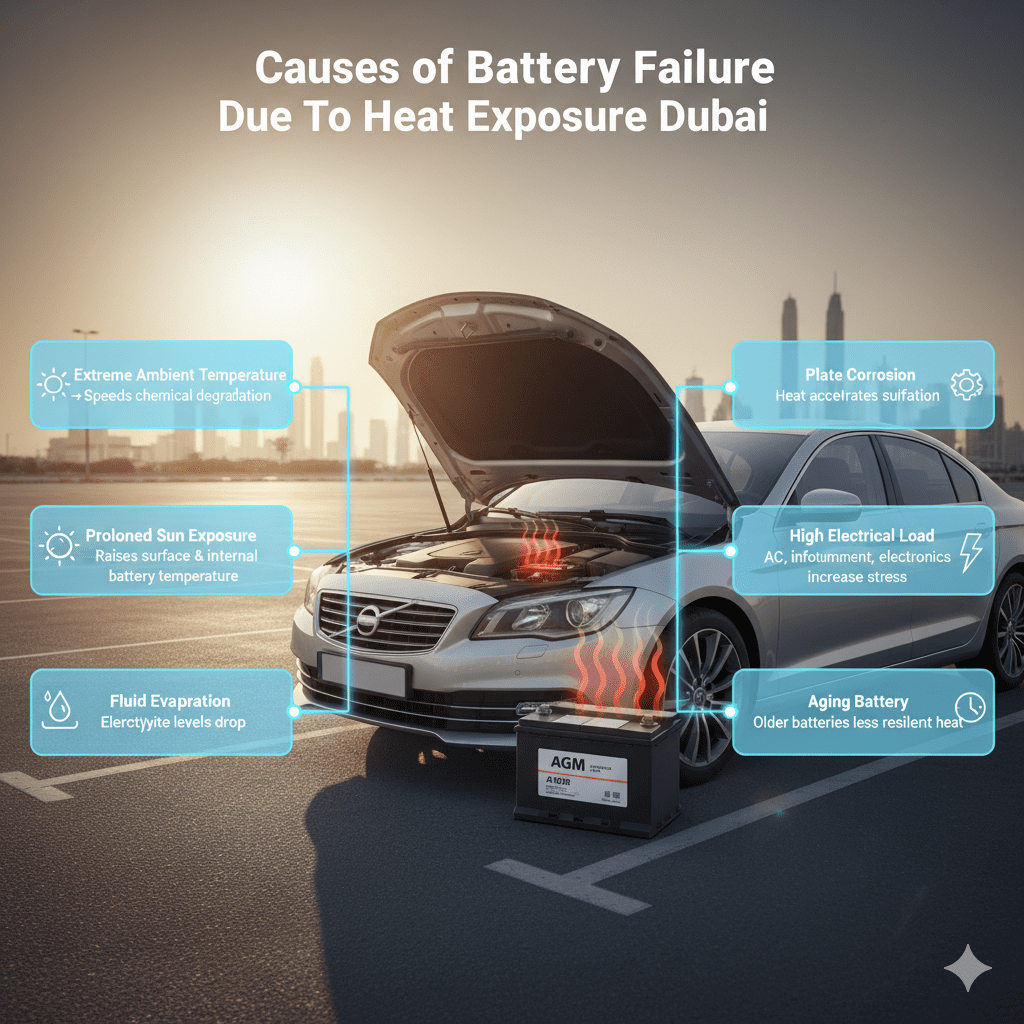 Infographic showing a car battery in Dubai exposed to extreme heat with side points highlighting causes like high temperature, sun exposure, fluid evaporation, plate corrosion, high electrical load, and aging battery.