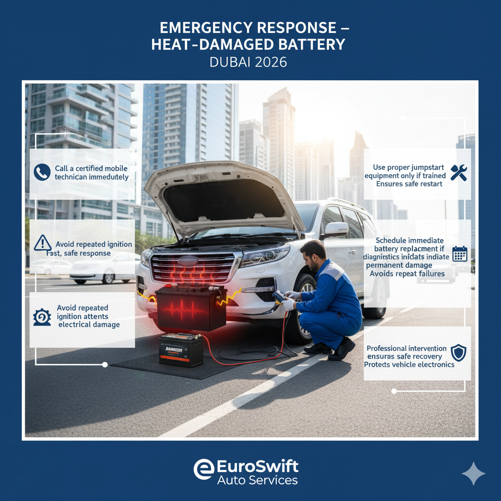 Infographic showing a Dubai car with hood open and stressed battery, EuroSwift Auto Services technician arriving with jumpstart equipment, and side points detailing call technician, avoid repeated ignition, use proper jumpstart equipment, schedule immediate replacement, and ensure safe recovery.