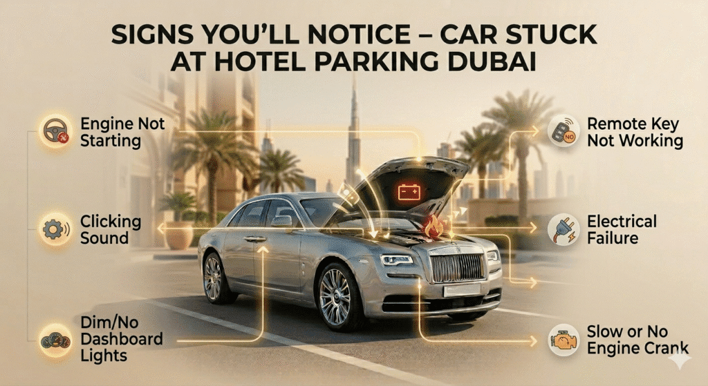 Signs Youโll Notice โ Car Stuck at Hotel Parking Dubai Signs of car stuck at hotel parking Dubai including no start, clicking sound, and electrical failure