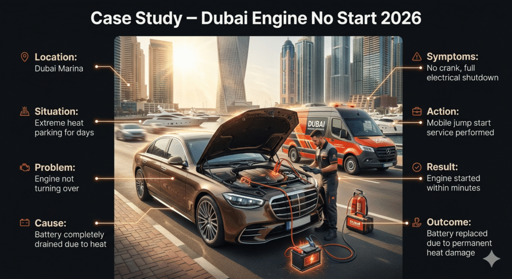 Infographic showing luxury car breakdown in Dubai Marina with technician performing jump start and case study details displayed around.