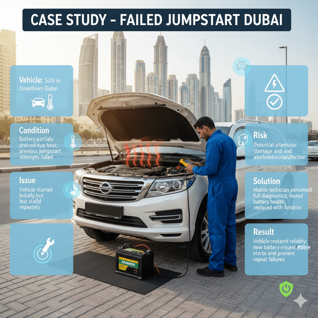 Infographic showing a downtown Dubai SUV with hood open, battery partially drained, technician performing diagnostics, and side points detailing vehicle, condition, issue, risk, solution, and result.