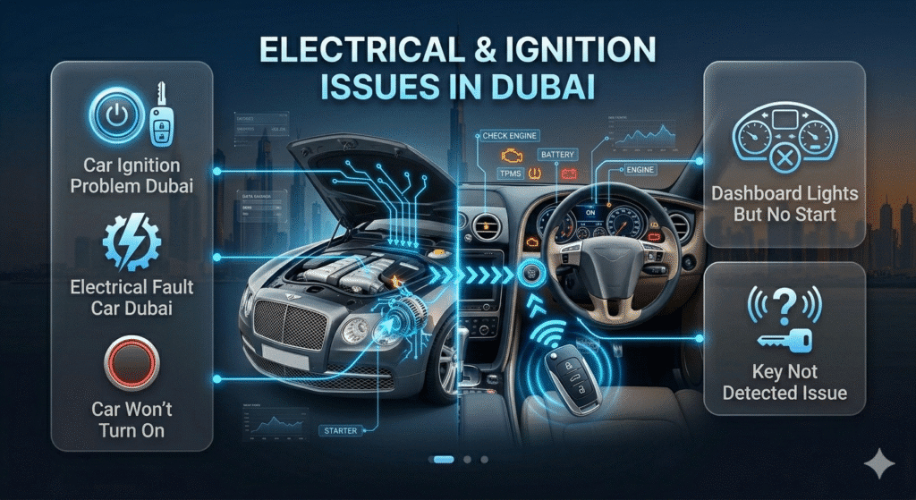 Electrical & Ignition Issues in Dubai – Quick Visual Guide 2026 Car ignition problem Dubai infographic showing dashboard lights on but no start and key detection issue