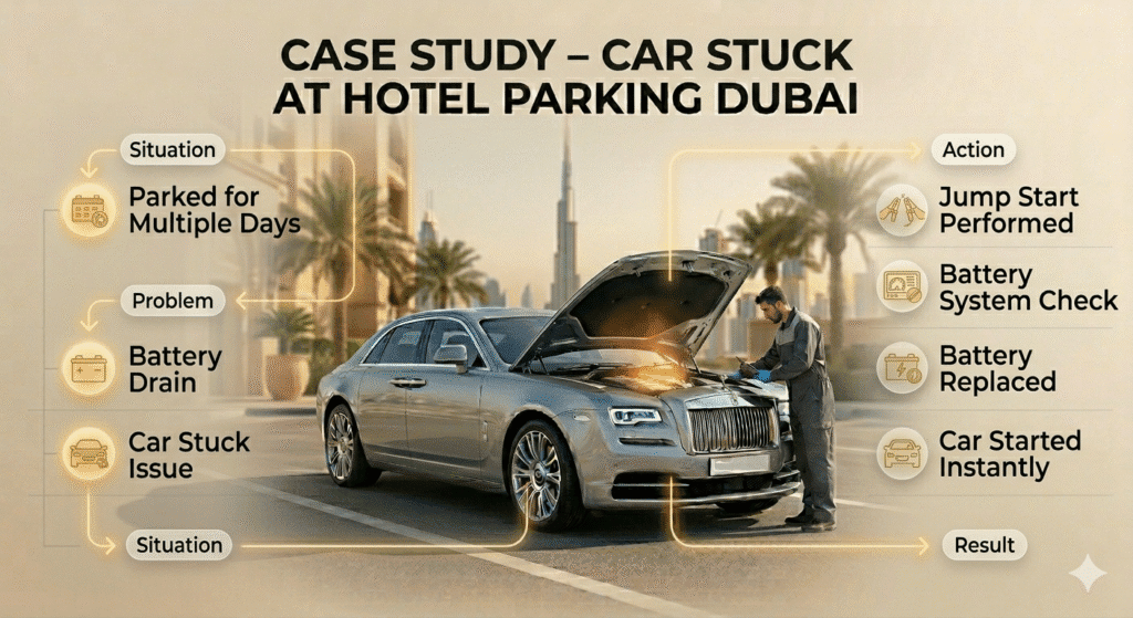 Case Study โ Car Stuck at Hotel Parking Dubai Case study of car stuck at hotel parking Dubai showing jump start, battery check, and replacement solution