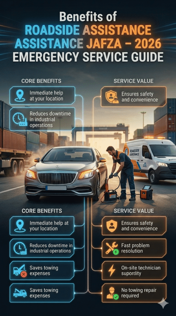 Cinematic infographic showing benefits of roadside assistance in JAFZA with mobile mechanic, fast response, safety, and on-site vehicle support in industrial Dubai environment.