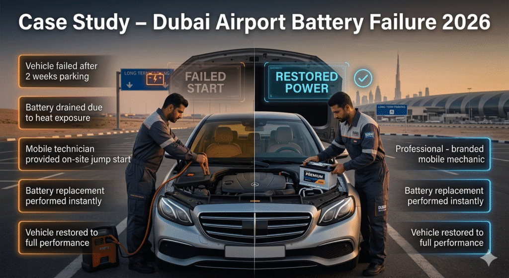 Luxury car at Dubai airport parking with a mobile mechanic performing jump start and battery replacement, showing real case study of battery failure and recovery.