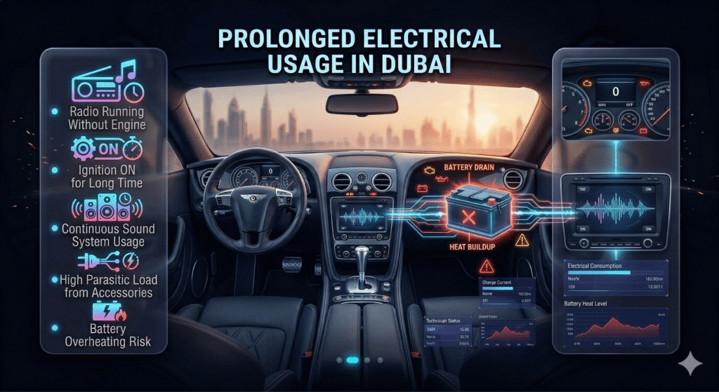 Car battery drain due to prolonged electrical usage in Dubai showing radio and ignition ON without engine