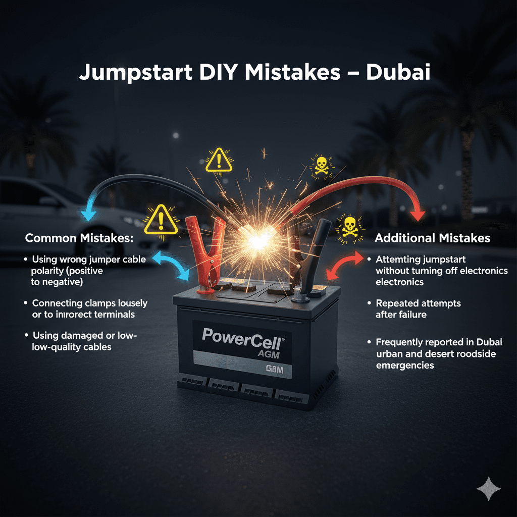 Infographic showing common DIY jumpstart mistakes in Dubai, with a central battery, incorrectly connected jumper cables, and side bullet points highlighting errors and risks.