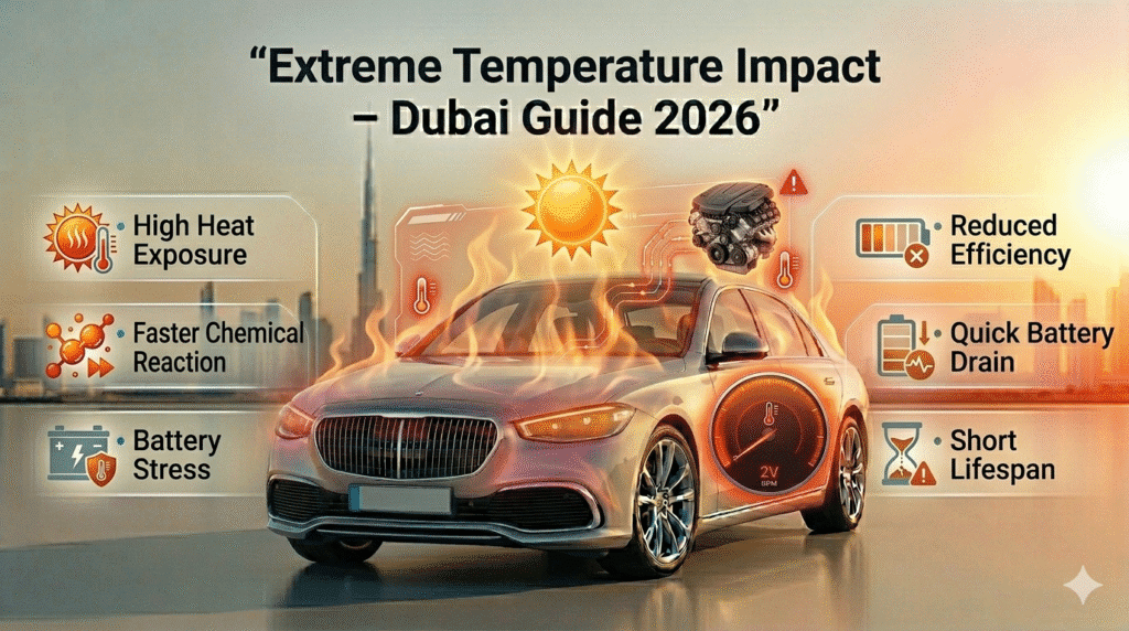 Extreme heat in Dubai affecting car battery performance by accelerating chemical reaction and reducing efficiency