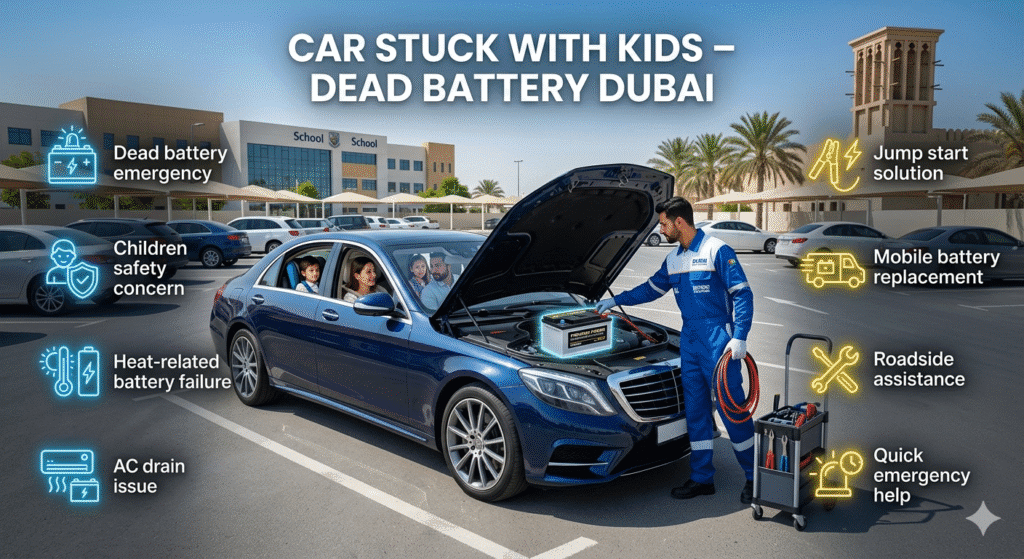 Car stuck with kids due to dead battery in Dubai showing emergency roadside help and battery issue