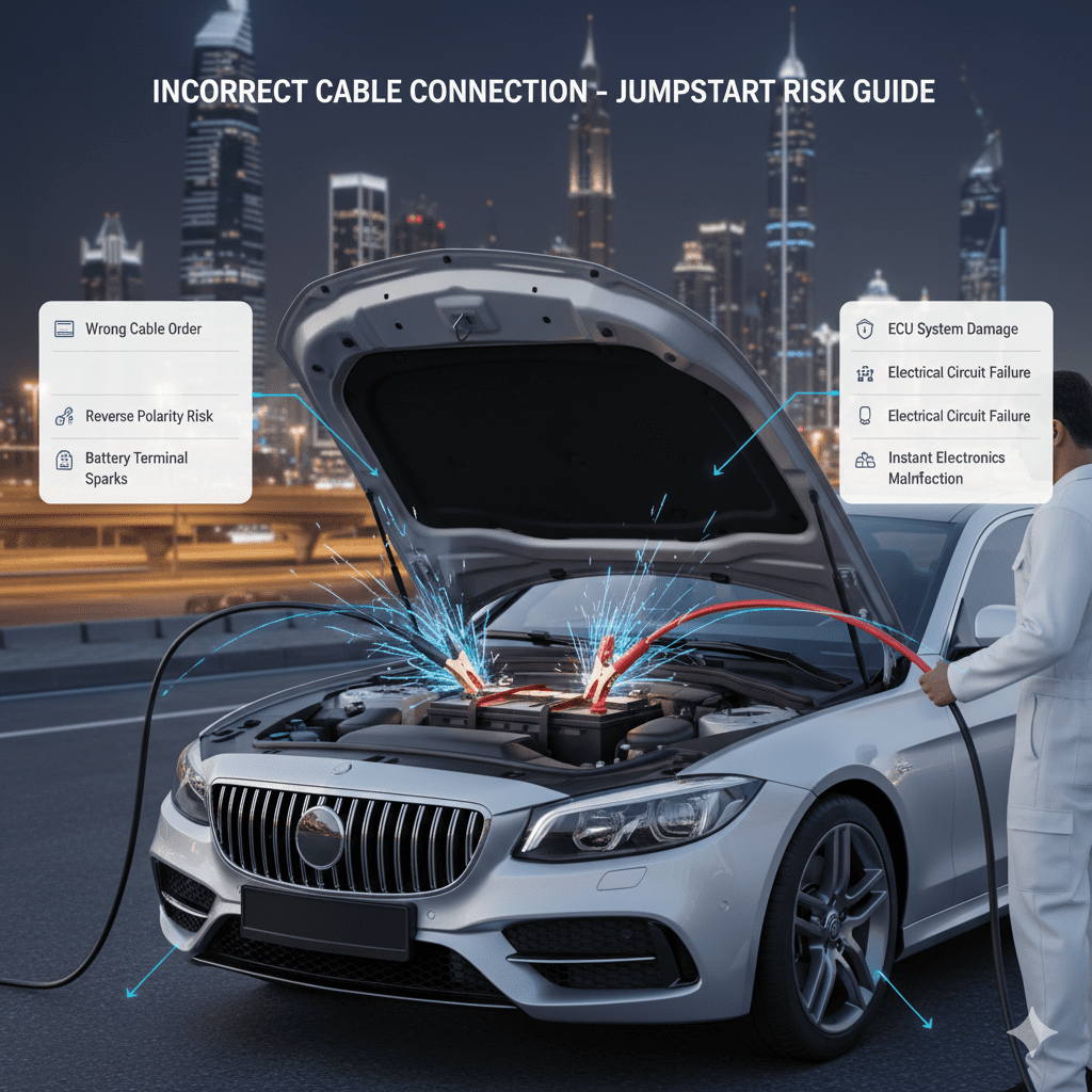 Incorrect jumper cable connection during car jumpstart showing reverse polarity risk and vehicle electronic damage.