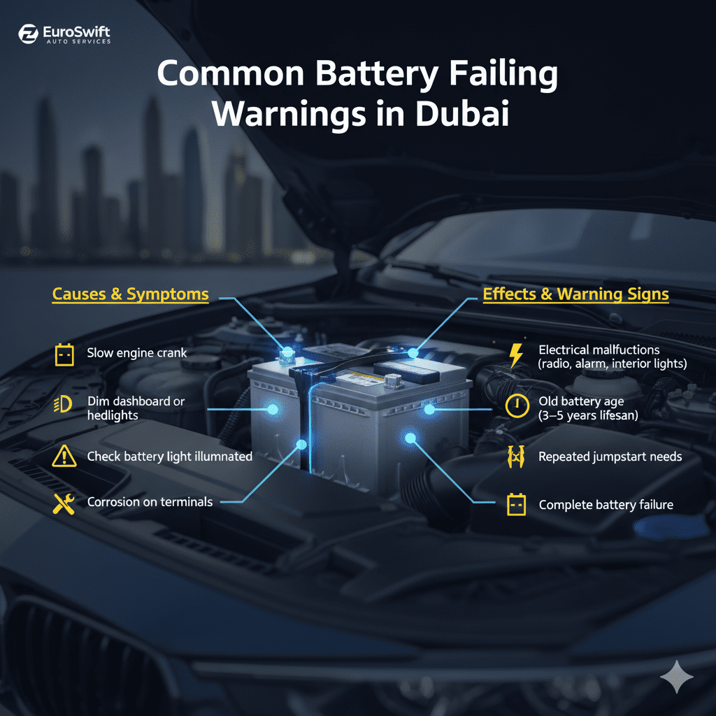 Infographic showing common battery failing warnings in Dubai, including slow engine crank, dim lights, check battery light, terminal corrosion, electrical malfunctions, old battery age, and repeated jumpstart needs.