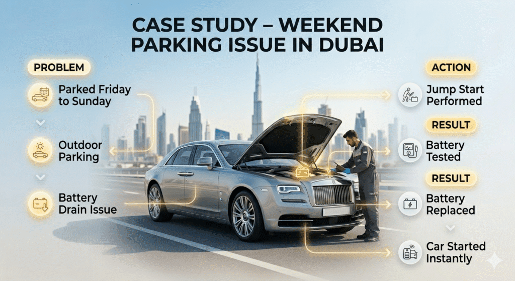 Case Study – Weekend Parking Issue in Dubai Case study of car not starting after weekend Dubai due to battery drain and quick solution