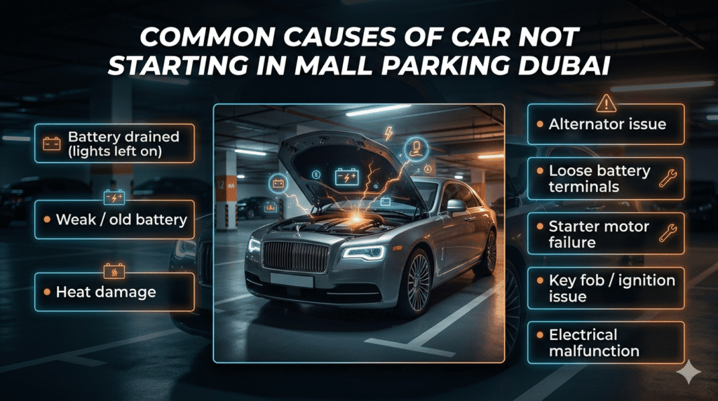 Common causes of car not starting in mall parking Dubai including battery drain, heat damage, and electrical issues