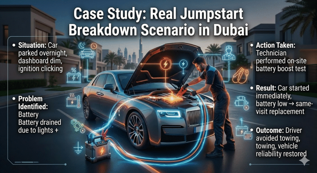 Case Study: Real Jumpstart Breakdown Scenario in Dubai Sedan in Dubai being jumpstarted by a mobile technician with key case study points shown in animated side infographic bullets