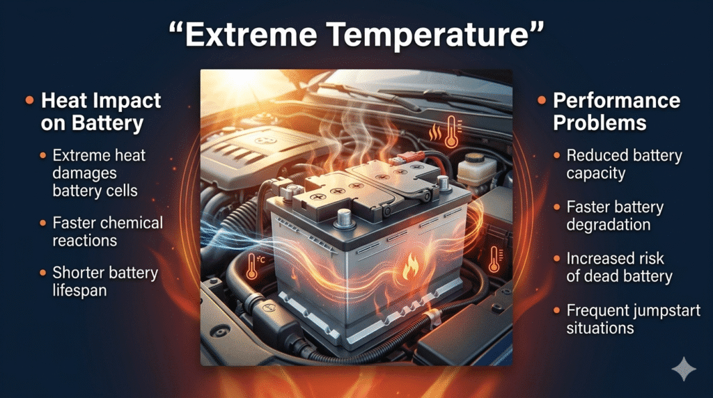 Extreme Temperature Impact on Car Battery Performance Extreme heat affecting car battery performance showing overheating battery and reduced capacity caused by high temperature conditions.