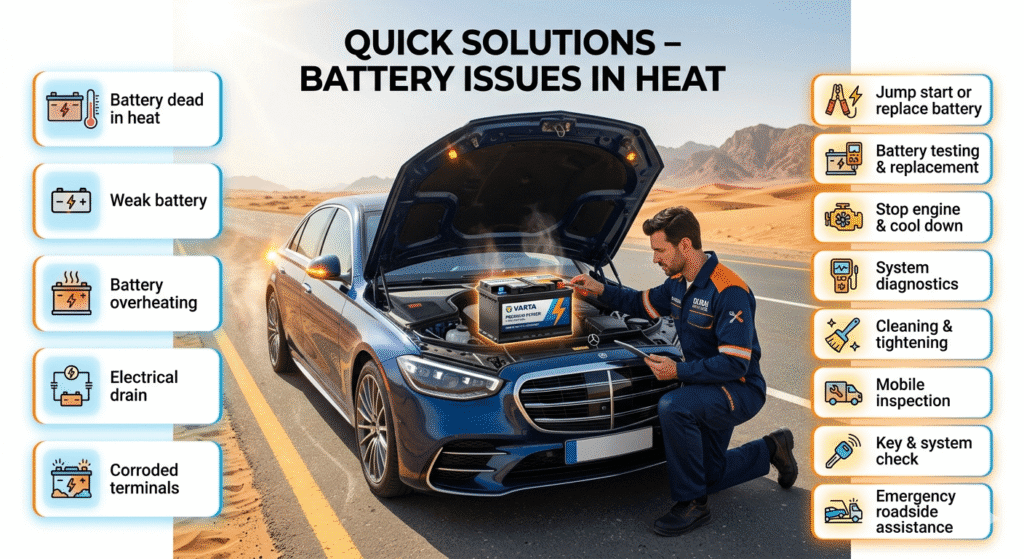 Quick solutions table for car battery problems in Dubai heat with problems and immediate actions