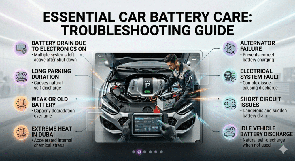 User guide image showing battery died in hospital parking Dubai with key causes listed on both sides and a premium car battery in the center.