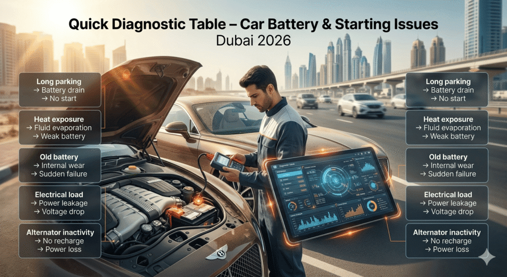 Infographic showing luxury car diagnostic table in Dubai heat with causes and effects of battery and starting issues displayed in structured format.