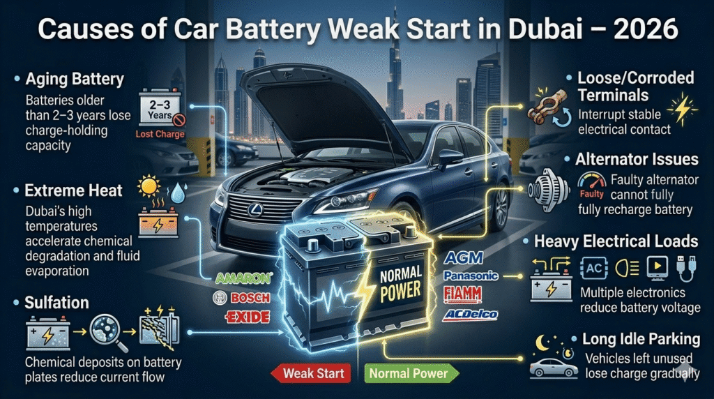 Infographic showing causes of car battery weak start in Dubai, with a technician inspecting a car battery, and causes displayed on left and right sides with animated effects.
