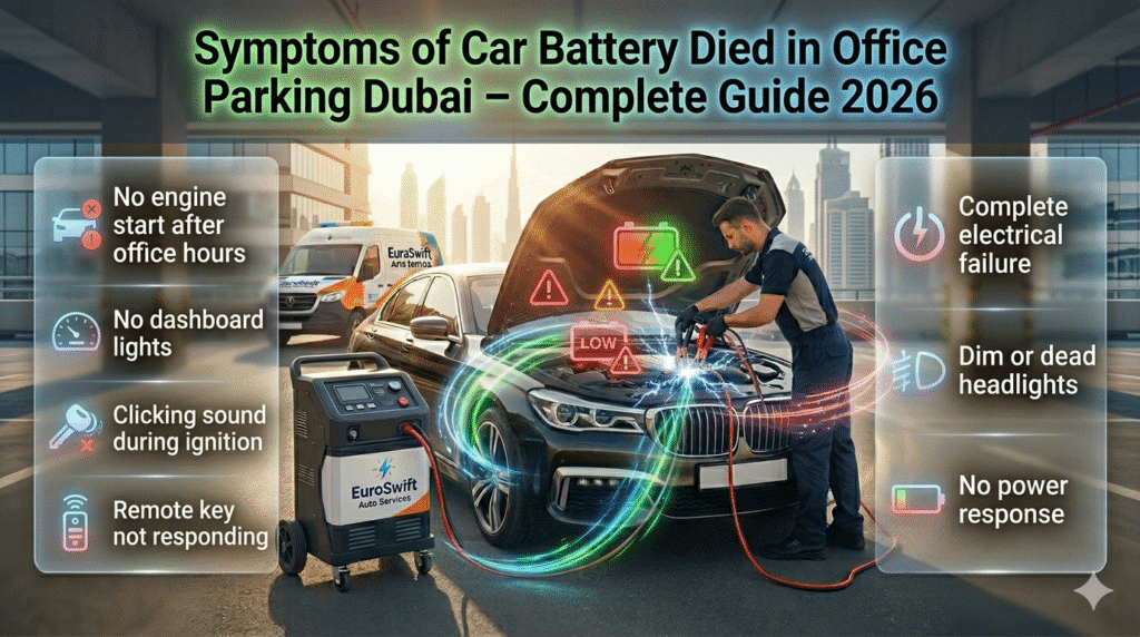symptoms of car battery died in office parking Dubai showing no start dashboard failure and electrical issues