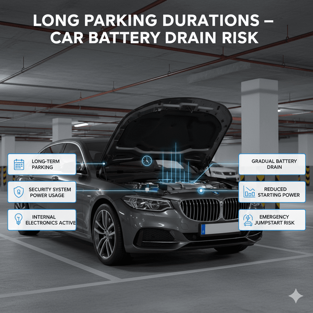 Infographic showing a parked car with battery draining due to long parking duration and continuous electronic system usage.