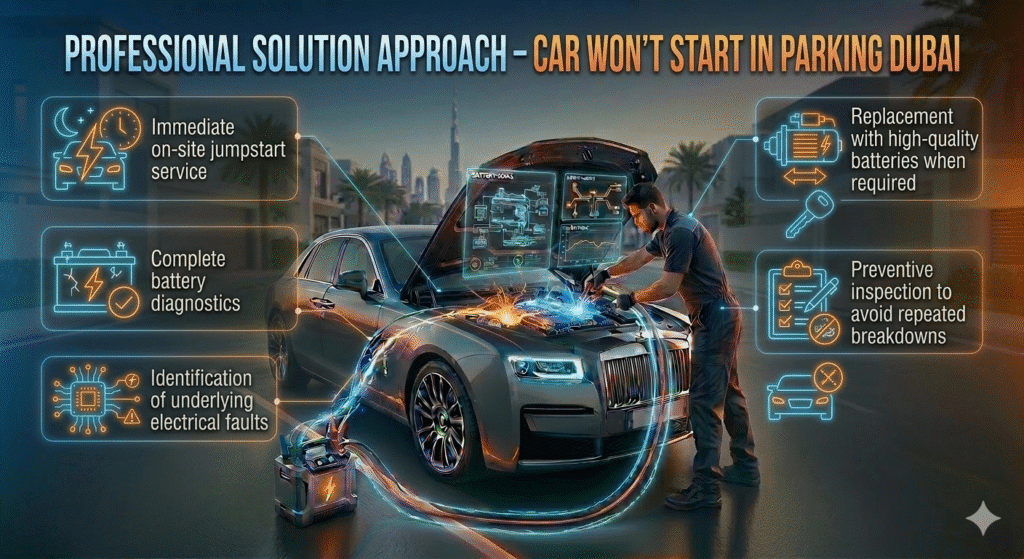 Luxury sedan in Dubai being jumpstarted by a technician, with animated infographic bullets showing professional solutions like on-site jumpstart, battery diagnostics, electrical fault identification, high-quality battery replacement, and preventive inspection
