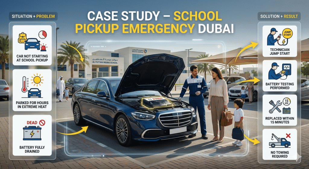 Case study of car not starting during school pickup in Dubai with battery replacement solution