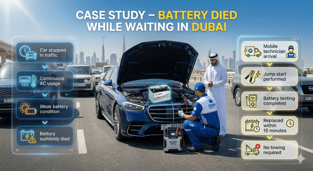 Battery Died While Waiting – Dubai Case Study Case study of battery died while waiting in Dubai traffic with jump start and replacement solution