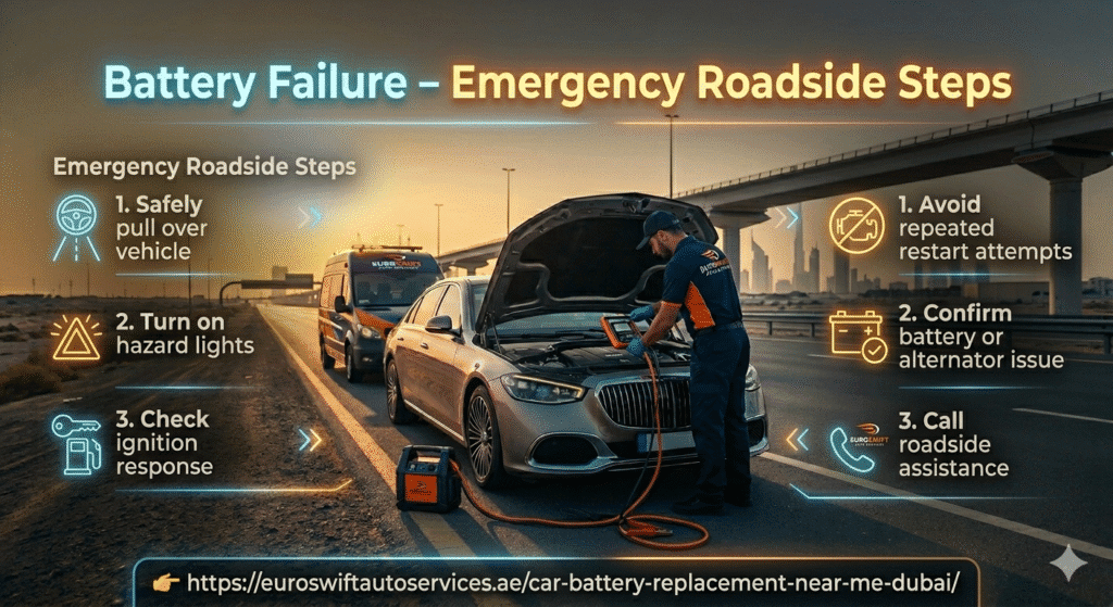 Car battery failure emergency steps in Dubai showing roadside safety actions and assistance guidance