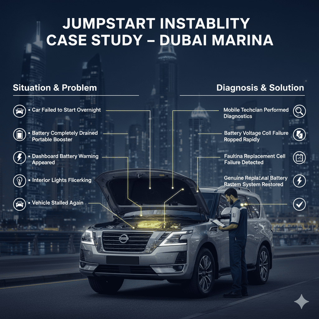Jumpstart instability case study in Dubai Marina showing technician replacing a failed car battery with diagnostic warning signs around the vehicle.