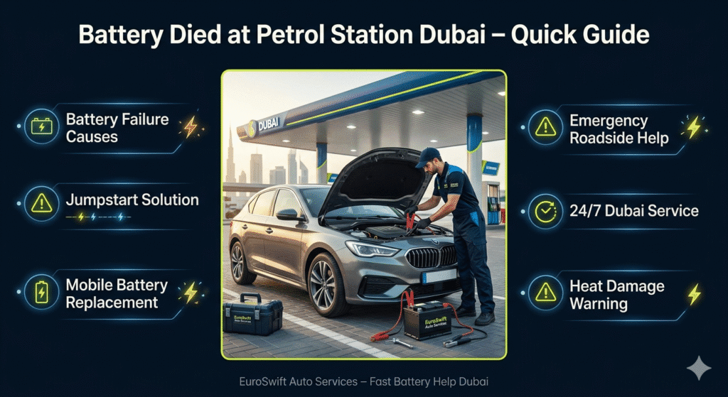 Car battery emergency at petrol station in Dubai showing jumpstart service with infographic guide and roadside assistance information.
