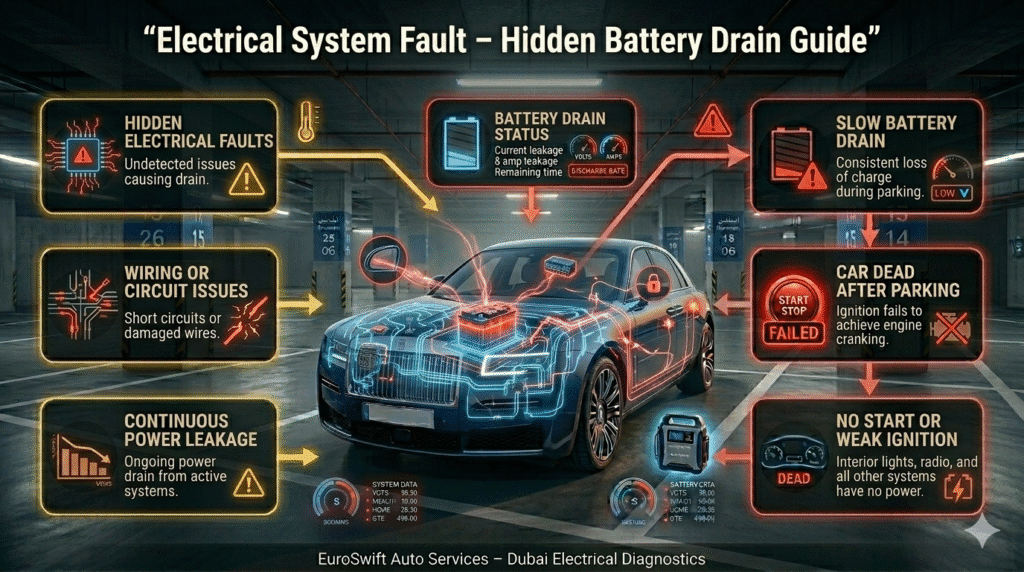 Car electrical system fault diagram showing hidden wiring issues causing slow battery drain and no start condition in underground parking.