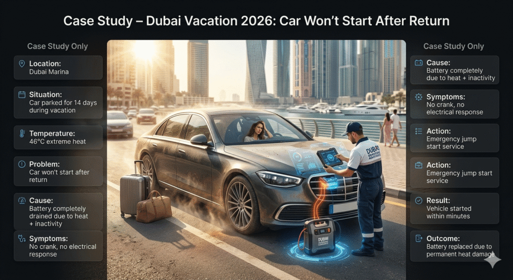 Infographic showing luxury car breakdown case study in Dubai Marina after vacation with technician performing jump start service in extreme heat.
