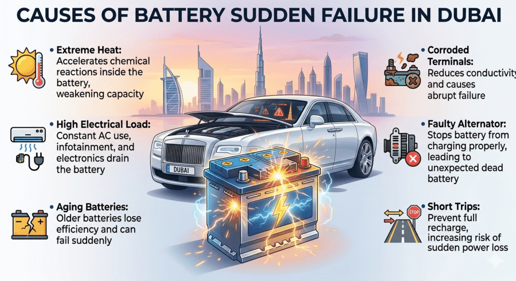 "Animated infographic showing the causes of sudden battery failure in Dubai, with a central car battery and branded Dubai car, and key causes displayed as bullet points on the sides."