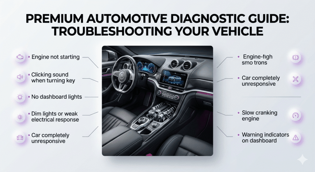 Symptoms of Battery Died at Hospital Parking Dubai User guide image showing symptoms of battery failure with a premium car in the center and key symptoms listed on both sides in a modern infographic style.