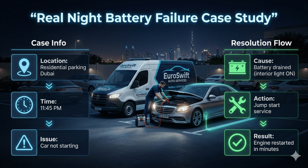 Night car battery failure case study Dubai showing technician jump starting car in residential parking at 11:45 PM