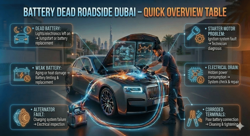Battery Dead Roadside Dubai β Quick Overview Table Luxury car in Dubai being jumpstarted by a technician with animated infographic bullets showing causes and solutions from a quick overview table