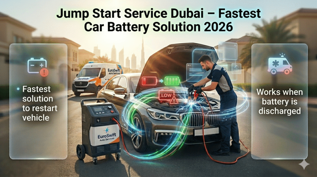 jump start service Dubai technician restarting dead car battery using jumper cables roadside assistance