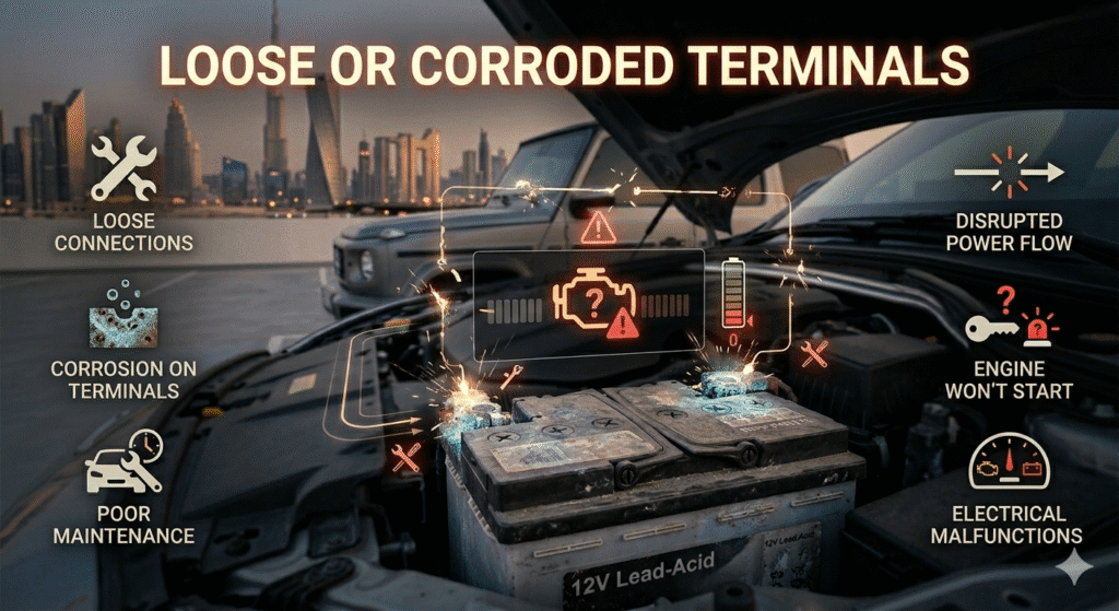 Loose and corroded car battery terminals in Dubai causing disrupted power flow and ignition failure