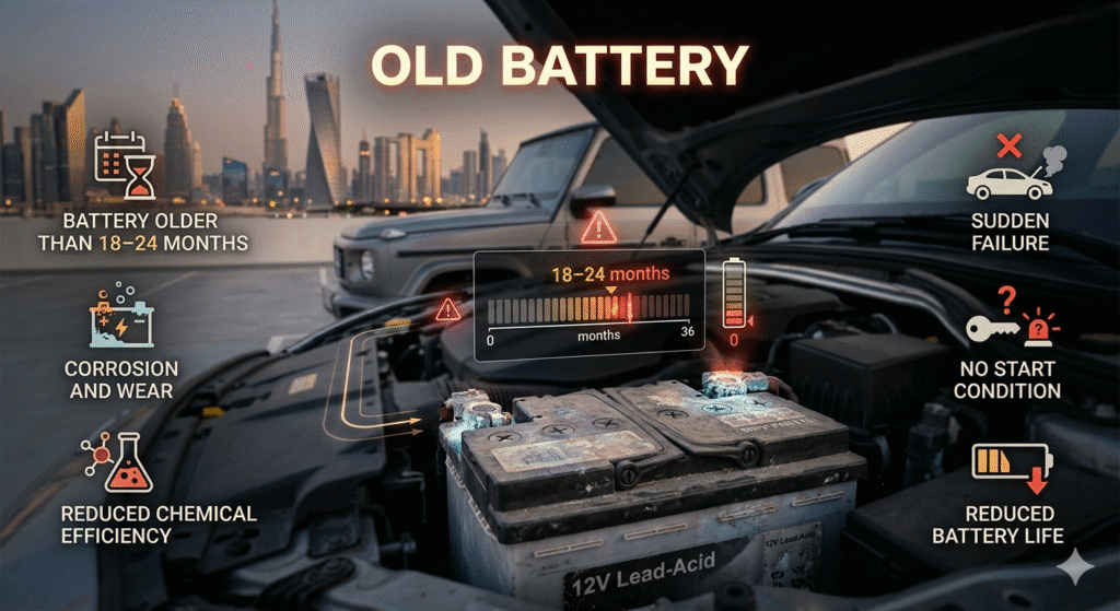 Old car battery in Dubai showing corrosion and risk of sudden failure after 18–24 months