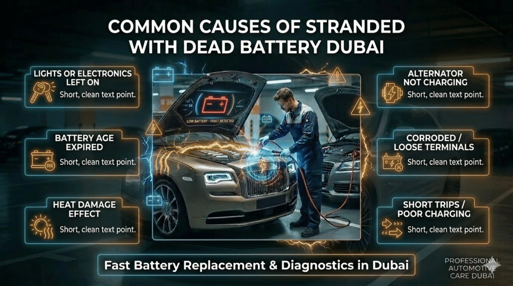 Common causes of stranded with dead battery Dubai including heat damage, alternator failure, and battery drain issues