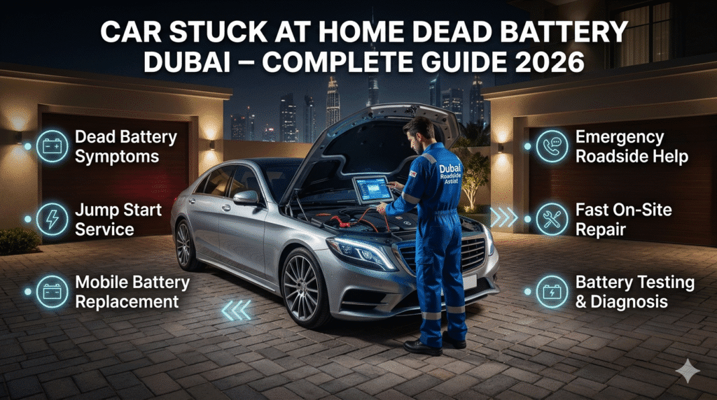 Luxury car stuck at home in Dubai with dead battery being diagnosed by mobile mechanic showing jump start and battery replacement infographic guide.