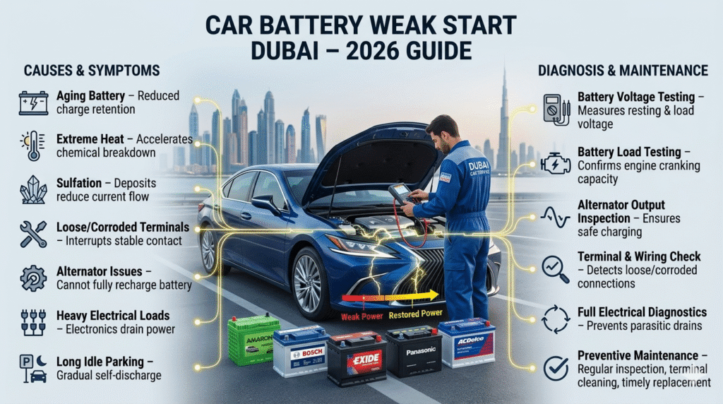 Infographic showing causes, symptoms, diagnosis, and preventive maintenance for car battery weak start in Dubai, with a technician inspecting a car battery and key points displayed on left and right sides.