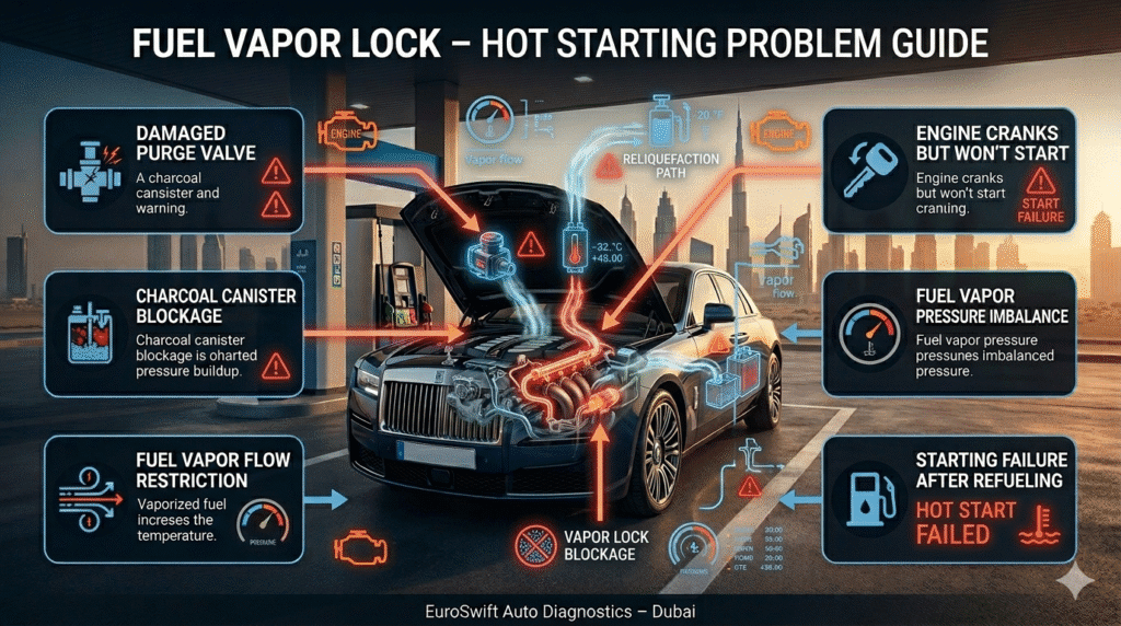 Car engine EVAP system fault diagram showing purge valve and charcoal canister blockage causing fuel vapor issue and starting failure after refueling in Dubai.