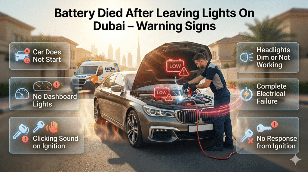 battery died after leaving lights on Dubai symptoms showing car not starting and electrical failure