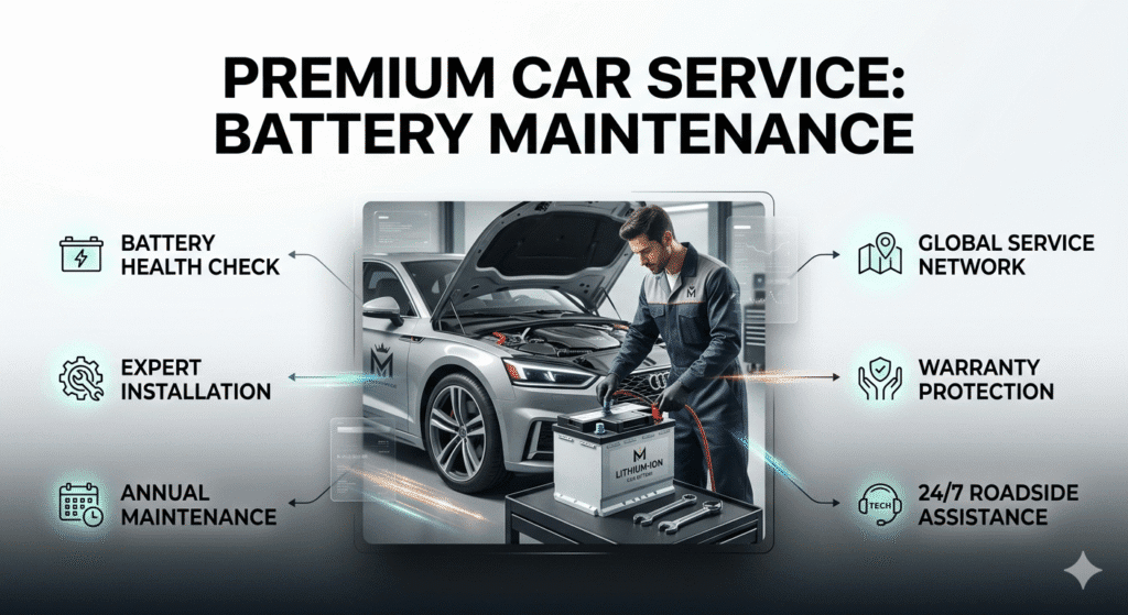 User guide feature image showing a premium car service in the center with highlighted key points on both sides and a bold title at the top, designed in a modern animated infographic style.