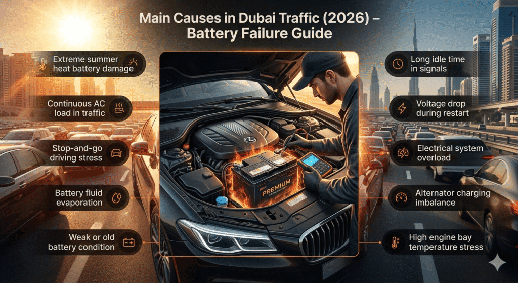 Infographic showing luxury car engine battery inspection in Dubai traffic heat with main causes of battery failure listed around the image.