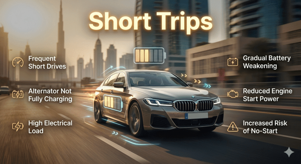 Luxury car in Dubai on short trips showing incomplete battery recharge and weakened battery