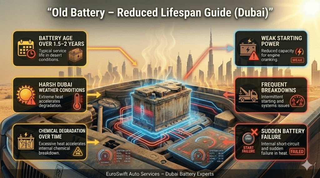 Old car battery diagram showing reduced lifespan in Dubai heat causing weak performance and frequent starting failure.