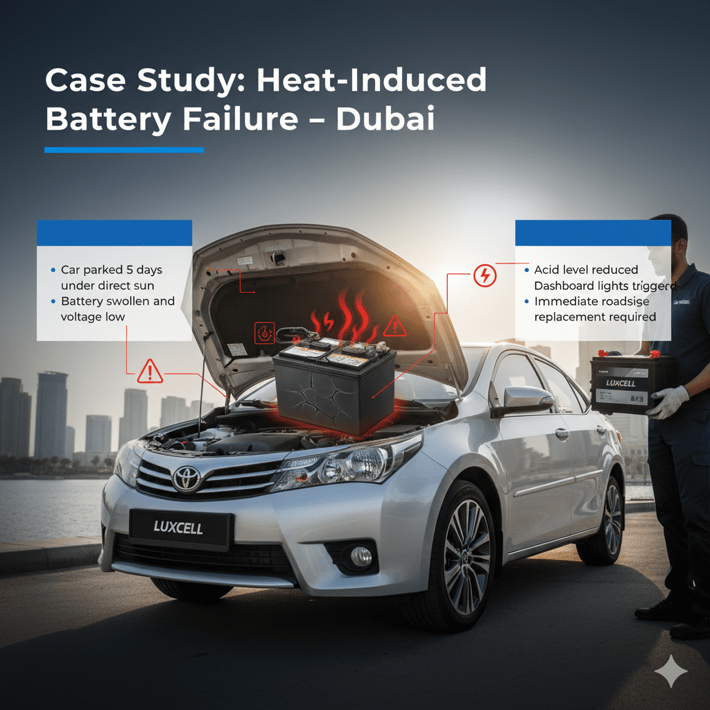 Case Study: Heat-Induced Battery Failure β Dubai Case study infographic showing Toyota Corolla heat-induced battery failure in Dubai with swollen battery, low voltage, acid reduction, and immediate replacement requirement.